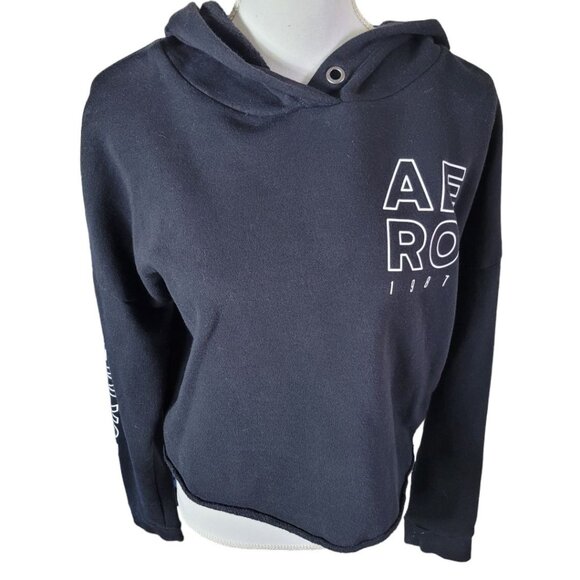 Aeropostale Sweatshirt Cropped Raw Edge Hem Black Hoodie Womens Medium - Picture 2 of 8